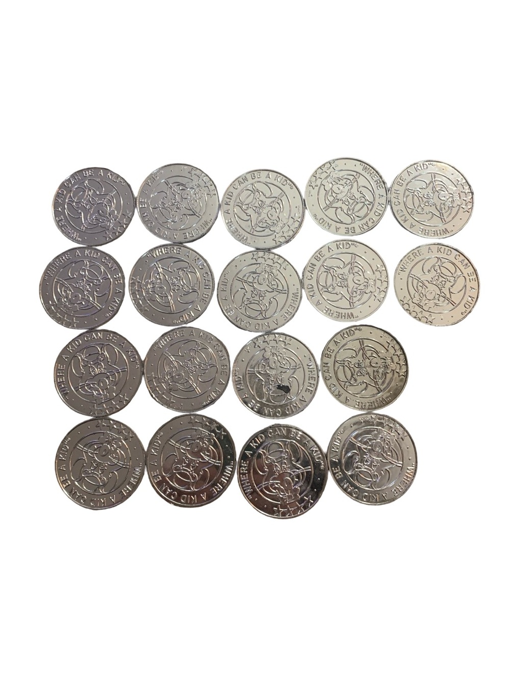 Vintage 1990s Large size Plastic Coin Chuck E Cheese Token Medal Prize Lot Of 18